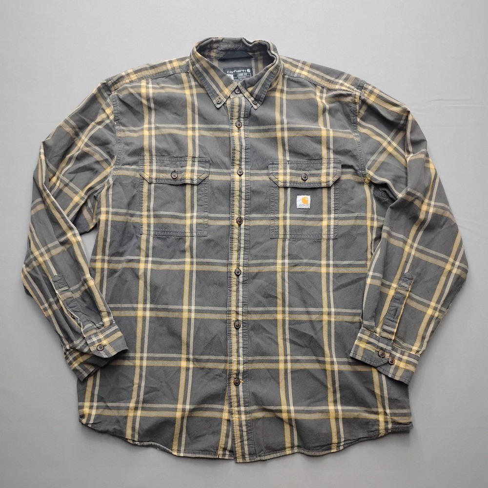Carhartt Mens XL Gray Yellow Plaid Loose Fit Flannel Shirt TW4447-M Long Sleeve